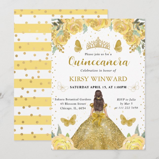 Convites Vestido Dourado Morena Princesa Quinceanera (Frente/Verso)