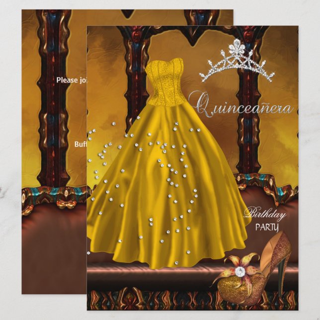 Convites Vestido Dourado para Festa de Aniversário de Quinz (Frente/Verso)