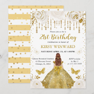 Convites Vestido Dourado Princesa de Cabelos Vermelhos Aniv