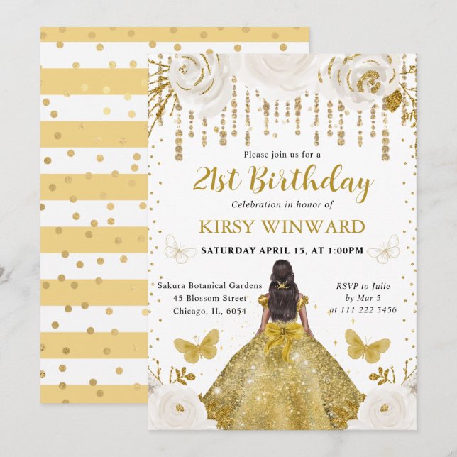 Convites Vestido Dourado Princesa de Pele Morena Aniversári (Frente/Verso)