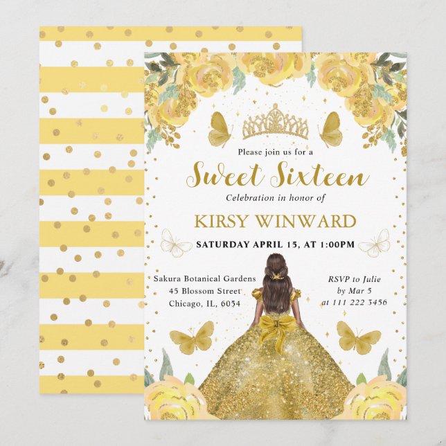 Convites Vestido Dourado Princesa de Pele Morena Doce 16 (Frente/Verso)