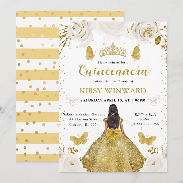 Convites Vestido Dourado Princesa de Pele Morena Quinze Ano (Frente/Verso)
