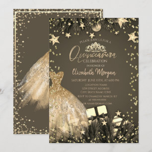 Convites Vestido Dourado,Ramos,Estrelas de Diamantes Quince