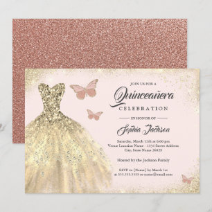 Convites Vestido Dourado Rosa Borboleta Rose Gold Quinceane