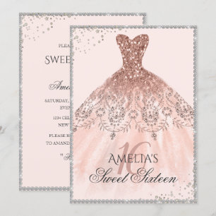 Convites Vestido Dourado Rosa Prata Brilho 16º Aniversário