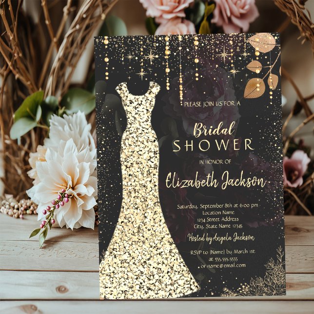 Convites Vestido Dourado, Rosas Escuras com Confetes Chá de (Criador carregado)