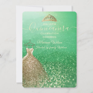Convites Vestido Dourado tiara Quinceañera brilhante verde