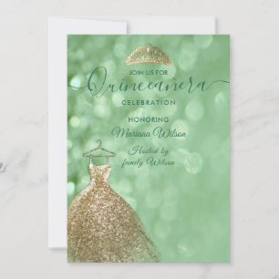 Convites Vestido Dourado tiara Quinceañera brilhante verde