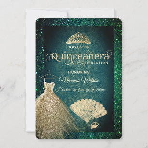 Convites Vestido Dourado verde, tiara fã Quinceañera