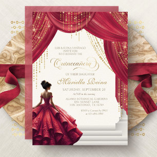 Convites Vestido Dourado Vermelho Moderno Quinceanera