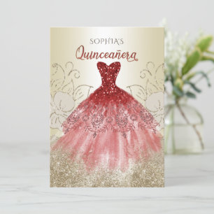 Convites Vestido Dourado vermelho Quinceañera Quince