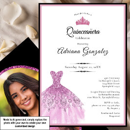 Convites Vestido elegante 15º aniversário rosa Quinceanera