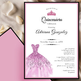 Convites Vestido elegante 15º aniversário rosa Quinceanera