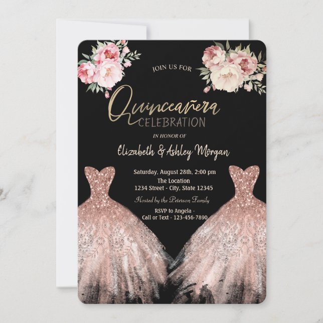 Convites Vestido Elegante Chic Floral Preto Quinceanera (Frente)