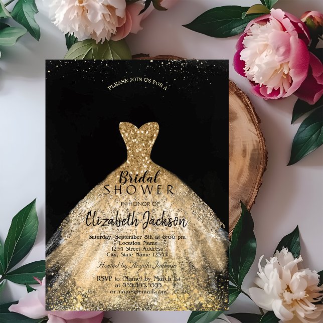 Convites Vestido Elegante com Brilho Dourado, Chá de Noiva (Criador carregado)
