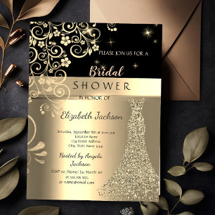 Convites Vestido Elegante com Brilho Dourado e Flores para