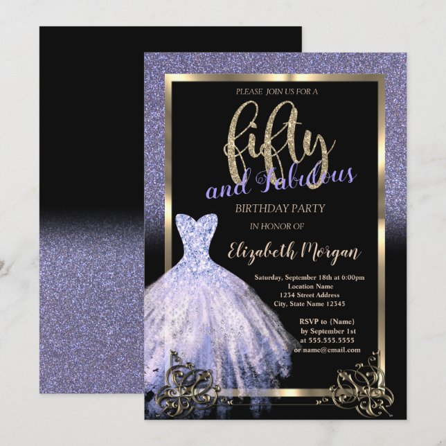 Convites Vestido Elegante com Glitter Violeta para Festa de (Frente/Verso)