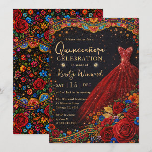 Convites Vestido Elegante de Glitter Dourado Vermelho Quinc