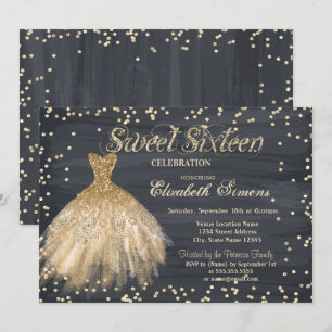 Convites Vestido Elegante Dourado Diamantes Preto Sweet 16