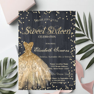 Convites Vestido Elegante Dourado Diamantes Preto Sweet 16
