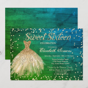 Convites Vestido Elegante Dourado Diamantes Verde Sweet 16