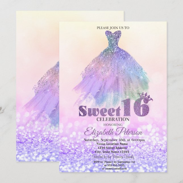 Convites Vestido Elegante Glitter Bokeh Sweet 16 (Frente/Verso)