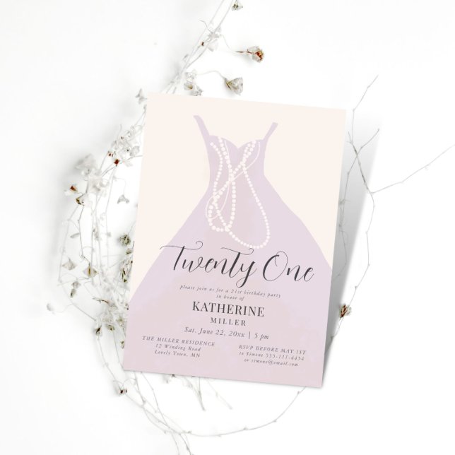 Convites Vestido Elegante Pérolas Rosa aniversário de 21 an (Criador carregado)