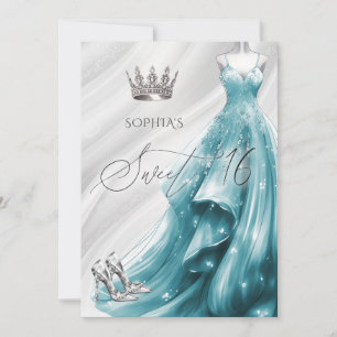 Convites Vestido Elegante Prata Verde Água Brilho Sweet 16