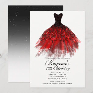 Convites Vestido Elegante Preto com Brilho Vermelho Festa d