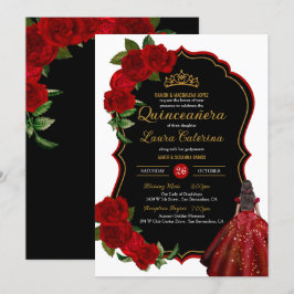Convites Vestido Elegante Quinceanera Rosas vermelhas Negra