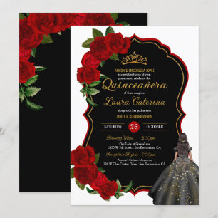 Convites Vestido Elegante Quinceanera Rosas vermelhas Negra