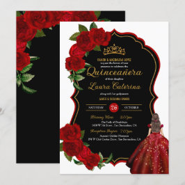 Convites Vestido Elegante Quinceanera Rosas vermelhas Negra