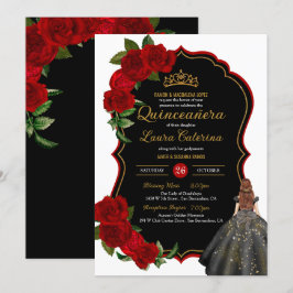 Convites Vestido Elegante Quinceanera Rosas vermelhas Negra