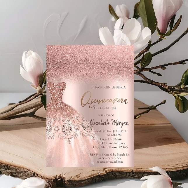 Convites Vestido Elegante Rosa Dourado com Glitter para Con (Criador carregado)