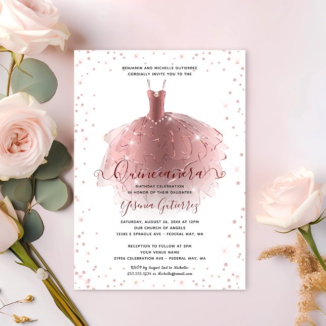 Convites Vestido Elegante Rosa Dourado Diamond Quinceañera (Elegant Rose Gold Diamond Quinceañera Dress Invitation)