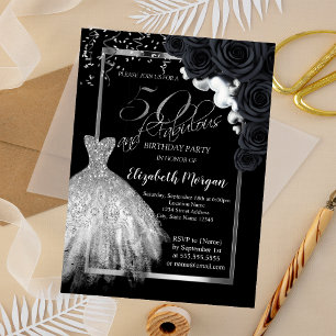 Convites Vestido Elegante, Rosas Pretas Confetes 50º Aniver