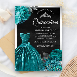 Convites Vestido Espelhante Rosas Azul Teal Preto Prata Qui