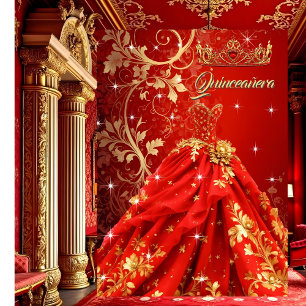 Convites Vestido Exótico Vermelho Dourado para Festa de Ani