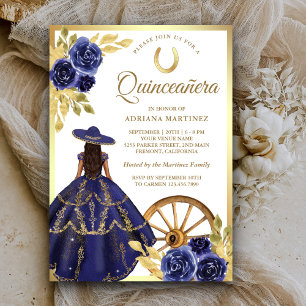 Convites Vestido Floral Azul Marinho Charro Dourado Quincea