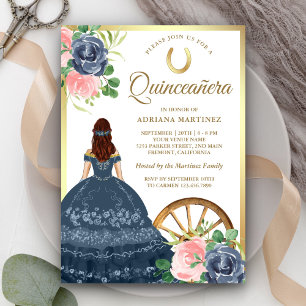 Convites Vestido Floral Azul Marinho Charro Dourado Quincea