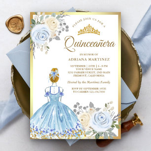 Convites Vestido Floral Azul Pastel Princesa Dourada Quince