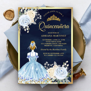 Convites Vestido Floral Azul Pastel Quinceanera Azul Marinh