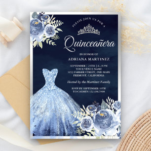 Convites Vestido Floral Azul Pastel Quinceanera Prata Naval