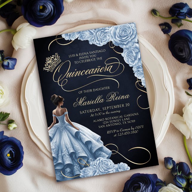 Convites Vestido Floral Azul Quinceañera (Criador carregado)