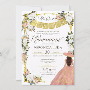Convites Vestido Floral Branco Dourado Charro Quinceanera I