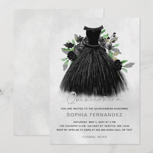 Convites Vestido Floral de Prata Negra Quinceañera (Frente/Verso)
