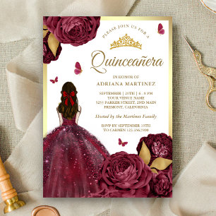 Convites Vestido Floral Dourado Borgonha para Festa de Quin