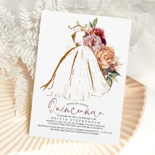 Convites Vestido Floral Dourado de Quince Anos 15º Aniversá