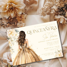 Convites Vestido Floral Dourado Quinceañera Champanhe