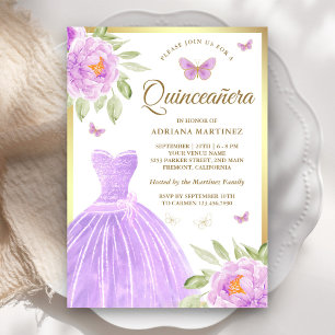 Convites Vestido Floral Lavanda Borboleta Dourada Quinceane